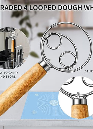 TEEVEA Danish Dough Whisk Stainless Steel Dough Hook Dutch Whisk for Sourdough Bread Dough Mixer Hand Wooden Handle Kitchen Whisking Mixing Tool Bread Making Tools and Supplies