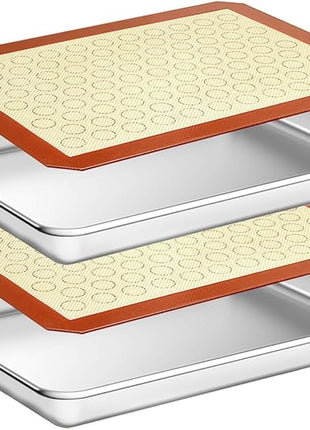 Wildone Baking Sheet with Silicone Mat Set, Set of 4 (2 Sheets + 2 Mats), Wildone Stainless Steel Cookie Sheet Baking Pan with Silicone Mat, Size 12 x 10 x 1 inch, Non Toxic & Heavy Duty & Easy Clean