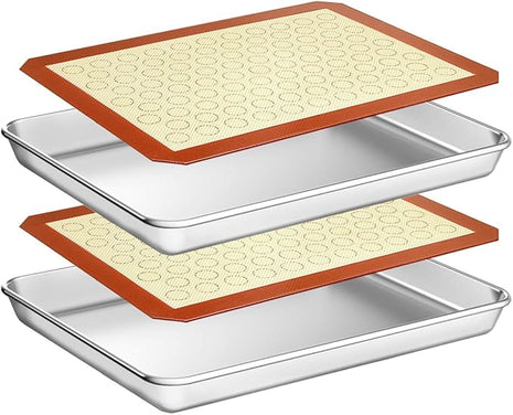 Wildone Baking Sheet with Silicone Mat Set, Set of 4 (2 Sheets + 2 Mats), Wildone Stainless Steel Cookie Sheet Baking Pan with Silicone Mat, Size 9 x 7 x 1 inch, Non Toxic & Heavy Duty & Easy Clean