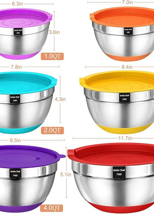 Umite Chef Mixing Bowls with Airtight Lids, 26Pcs Stainless Steel Bowls Set, 3 Grater Attachments & Colorful Non-Slip Bottoms Size 7, 4, 2.5, 2.0,1.5, 1QT, Great for Mixing & Serving