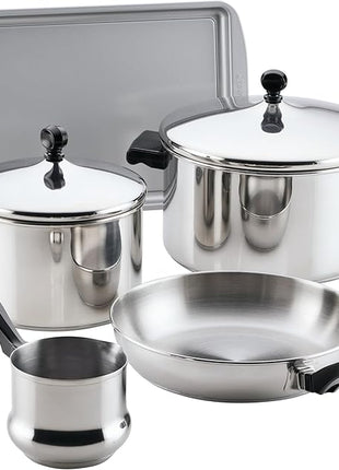 Farberware Classic Series Stainless Steel Pots and Pans with Baking Sheet Pan, Cooking Tools, and Lids, Induction Ready, Dishwasher Safe, 10 Piece Cookware Set, Metal Utensil Safe - Stainless Steel