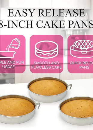 Aunt Shannon's Kitchen 8 Inch Round Cake Pans, 3 Pack, Silver Cake Pan with a Built-in Swivel Blade, Easy Release Cake Pans Set for Baking, Baking Pans Set for 3-Layer Cake, Dishwasher Safe