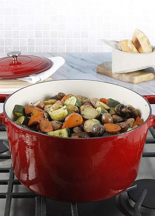 Crock-Pot Artisan 7-Quart Round Enameled Cast Iron Dutch Oven – Scarlet Red, Heavy-Duty Cookware for Slow Cooking, Baking, Roasting with Lid