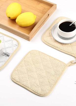 100% Cotton Kitchen Everyday Basic Terry Pot Holder Heat Resistant Coaster Potholder for Cooking and Baking Set of 5 Light Brown