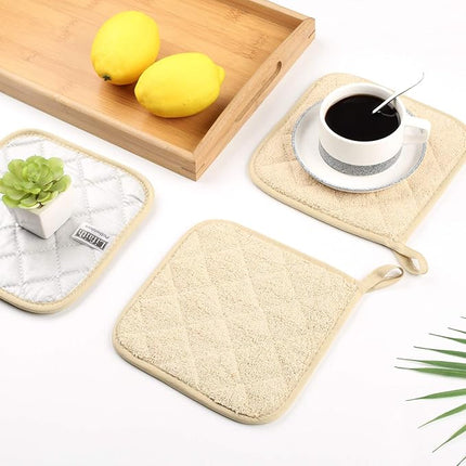 100% Cotton Kitchen Everyday Basic Terry Pot Holder Heat Resistant Coaster Potholder for Cooking and Baking Set of 5 Light Brown