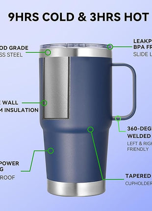 20 oz Stainless Steel Tumbler with Handle Bulk Metal Insulated Tumblers Travel Coffee Mug with Handle Double Wall Tumbler Cup with Lid and Straw, Navy 12 Pack