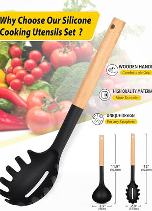 Silicone Pasta Fork and Ladle Spoon Set with Wooden Handle, Heat Resistant Non Stick Kitchen Utensils for Cooking, Stirring, Serving Spaghetti, Soup, Sauce(BLACK)