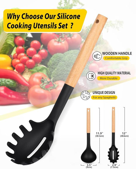 Silicone Pasta Fork and Ladle Spoon Set with Wooden Handle, Heat Resistant Non Stick Kitchen Utensils for Cooking, Stirring, Serving Spaghetti, Soup, Sauce(BLACK)