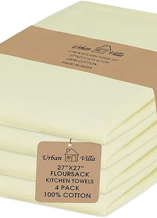Urban Villa Flour Sack Ivory Kitchen Towels 100% Cotton Highly Absorbent Dish Towels for Bread Proofing Baking Drying Dinnerware Glass Embroidery DIY Projects Zero Lint 27x27 Inches (4 Pack)