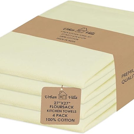 Urban Villa Flour Sack Ivory Kitchen Towels 100% Cotton Highly Absorbent Dish Towels for Bread Proofing Baking Drying Dinnerware Glass Embroidery DIY Projects Zero Lint 27x27 Inches (4 Pack)