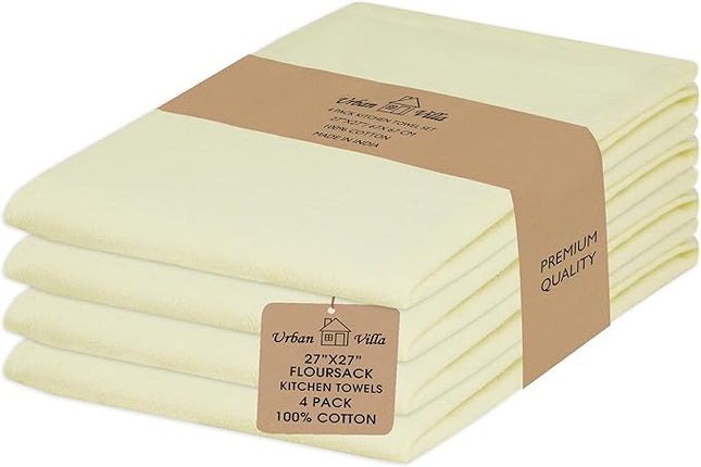 Urban Villa Flour Sack Ivory Kitchen Towels 100% Cotton Highly Absorbent Dish Towels for Bread Proofing Baking Drying Dinnerware Glass Embroidery DIY Projects Zero Lint 27x27 Inches (4 Pack)