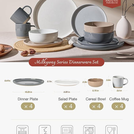 Famiware Milkyway Stoneware Dinnerware Sets with Mugs, Service for 4 (16pcs), Plates and Bowls Sets, Scratch Resistant, Microwave and Dishwasher Safe Dishes Set, Multi-color