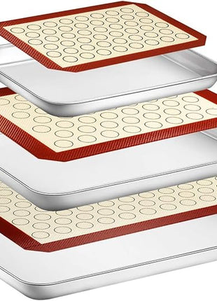 Wildone Baking Sheet with Silicone Mat Set, Set of 6 (3 Sheets + 3 Mats), Stainless Steel Cookie Sheet Baking Pan with Silicone Mat, Non Toxic & Heavy Duty & Easy Clean
