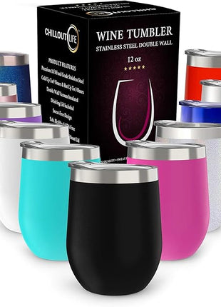 CHILLOUT LIFE 12 oz Stainless Steel Wine Tumbler with Lid - Double Wall Vacuum Insulated Wine Cup Glass Keeping Cold & Hot for Coffee, Champagne, Cocktails, Ice Cream - Powder Coated Black