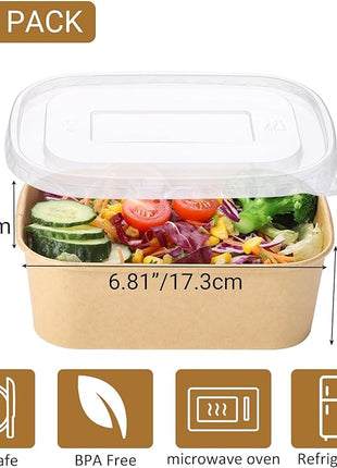 50 Sets 25oz Disposable Kraft Paper Bowls with Lids, Rectangle Paper Food Containers with Lids, Salad Bowls for Hot/Cold Food, Soup, Meal Prep, Ice Cream, Takeout, Party Supplies(750ml)