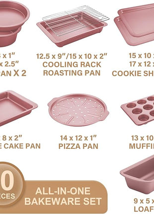 HONGBAKE Bakeware Sets, Baking Pans Set, Nonstick Oven Pan for Kitchen with Wider Grips, 10-Piece Including Rack, Cookie Sheet, Cake Pans, Loaf Pan, Muffin Pan, Pizza Pan - Pink