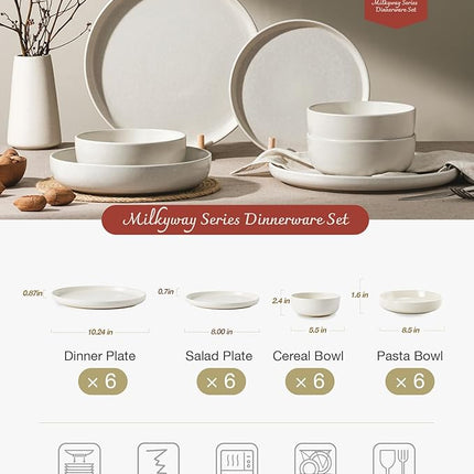 Famiware Milkyway Stoneware Dinnerware Sets with Pasta Bowls, Service for 6 (24 Pieces), Reactive Glaze Plates and Bowls Sets, Microwave and Dishwasher Safe Dishes Set, Matte Beige White