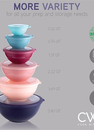 COOK WITH COLOR Mixing Bowls with TPR Lids - 12 Piece Plastic Nesting Bowls Set includes 6 Prep Bowls and 6 Lids, Microwave Safe Mixing Bowl Set (Multicolored Set with Large Blue Bowl)