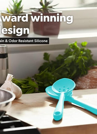 DI ORO Silicone Ladle & Spoons for Cooking – Large Kitchen Spoons for Mixing, Serving, & Stirring - Soup Ladle with Wide Bowl - High Heat Silicone Kitchen Utensils for Nonstick Cookware Safe (Teal)