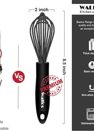Walfos Silicone Whisk, Stainless Steel Wire Whisk - Heat Resistant Kitchen Whisks for Non-stick Cookware, Balloon Egg Beater Perfect for Blending, Whisking, Beating, Frothing & Stirring, 8.5", Black