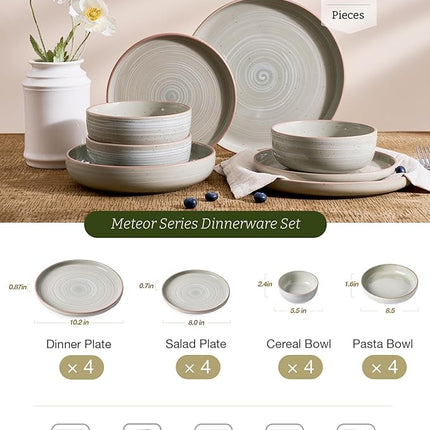 Famiware Meteor Stoneware Dinnerware Sets with Pasta Bowls, Service for 4 (16 Pieces), Plates and Bowls Sets, Microwave and Dishwasher Safe Dishes Set, Matcha Green