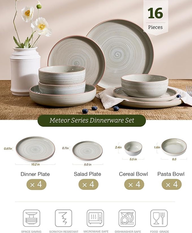 Famiware Meteor Stoneware Dinnerware Sets with Pasta Bowls, Service for 4 (16 Pieces), Plates and Bowls Sets, Microwave and Dishwasher Safe Dishes Set, Matcha Green