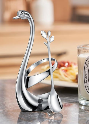 AnSaw Silver Small Coffee Spoon Holder Set,Swan Base With 10 Pcs Demitasse Espresso Spoons Set,4.7" Mini Leaf Dessert Spoon,Stainless Steel Tea Spoons