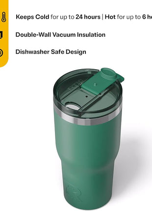 RTIC 30oz Essential Tumbler with Lid, Ceramic Lined, Insulated, Stainless Steel, Metal, Double Wall Vacuum-Insulation, Travel Cup for Iced Coffee, Tea, Hot and Cold Drink, Pine Tree