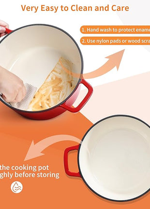 Velaze 6 QT Enameled Cast Iron Dutch Oven, Dual Handles Pot with Lid, Heavy-Duty Non-stick Round Oven for Bread Baking, Stewing, Roasting, Good Sealing for All Heat Source (Red)