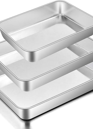 E-far Baking Pans Set of 3, Stainless Steel Sheet Cake Pan for Oven - 12.5/10.5/9.4Inch, Rectangle Bakeware Set for Cake Lasagna Brownie Casserole Cookie, Non-toxic & Healthy, Dishwasher Safe