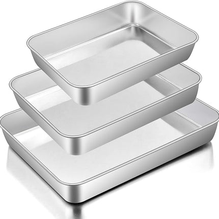 E-far Baking Pans Set of 3, Stainless Steel Sheet Cake Pan for Oven - 12.5/10.5/9.4Inch, Rectangle Bakeware Set for Cake Lasagna Brownie Casserole Cookie, Non-toxic & Healthy, Dishwasher Safe
