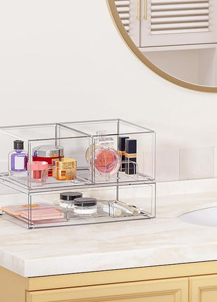 Vtopmart Stackable Storage Drawers Set of 3,Clear Plastic Organizer Bins for Makeup, Cosmetics, Beauty Supplies,Ideal for Vanity, Bathroom,Cabinet,Pantry Organization