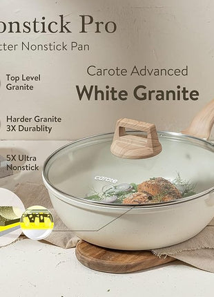 CAROTE 12Inch Nonstick Deep Frying Pan with Lid, 5.5 Qt Jumbo Cooker Saute Pan with Pour Spout, Skillet Induction Cookware, Non Stick Cooking Pan Kitchen Pan PFOA Free, White Granite