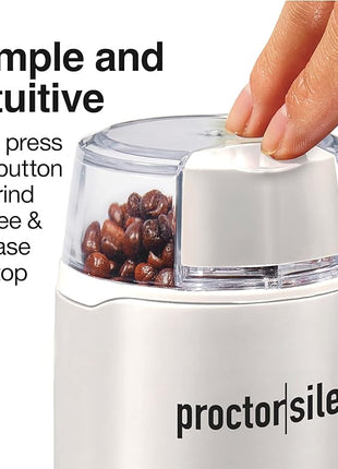 Proctor Silex Electric Coffee Grinder for Beans, Spices and More, Stainless Steel Blades, 12 Cups, White