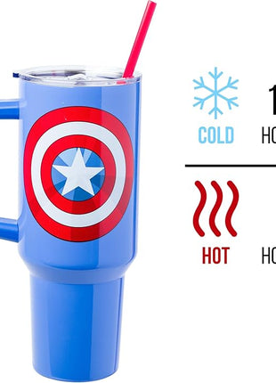 Silver Buffalo Marvel Captain America Shield Stainless Steel Tumbler with Handle and Straw, Fits in Standard Cup Holder, 40 Ounces