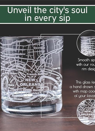 Greenline Goods Whiskey Glasses - 10 Oz Tumbler Gift Set for New Orleans lovers, Etched with New Orleans Map Old Fashioned Rocks Glass - Set of 2