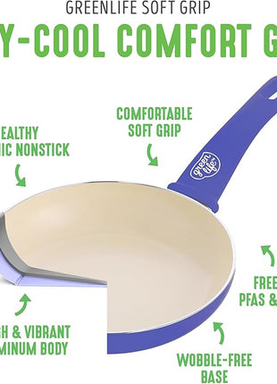 GreenLife 16 Piece Nonstick Cookware Set, Soft Grip Non-Toxic PFAS-Free Ceramic Pots & Pans, Dishwasher & Oven Safe, Frying, Sauce, Utensils, Glass Lids, Stay-Cool Handles, Wobble Free, Periwinkle