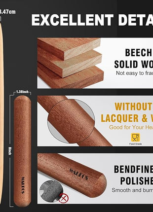 Walfos French Rolling Pin Set - Natural Wooden Rolling Pins (8inch, 15.7inch), Baking Dough Roller for Pizza, Pie, Pasta, Bread, Pastry, No Coating