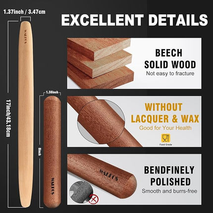 Walfos French Rolling Pin Set - Natural Wooden Rolling Pins (8inch, 15.7inch), Baking Dough Roller for Pizza, Pie, Pasta, Bread, Pastry, No Coating