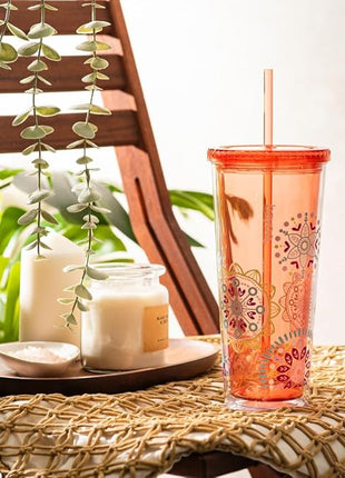 bzyoo SIP 24oz (710ml) Double Wall Plastic Tumbler with Lid and Straw Cold Drink Travel Mug Reusable Party Cup Perfect for Ice Coffee, Tea Office Poolside Parties Gifts Color: Medallion Orange