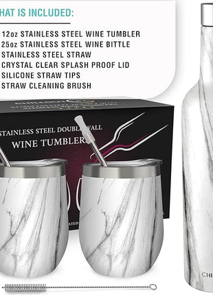CHILLOUT LIFE 12 oz Stainless Steel Wine Tumblers 2 Pack & 1 Insulated Wine Bottle - Double Wall Vacuum Insulated Wine Glasses Cups with Lids and Straws Set Keeping Cold & Hot Gift Set
