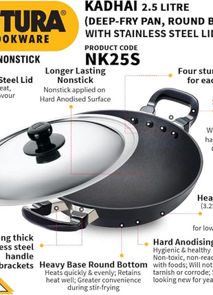 Hawkins Futura Nonstick Kadhai 2.5 L, 26 cm, 3.25 mm with SS lid (Black)