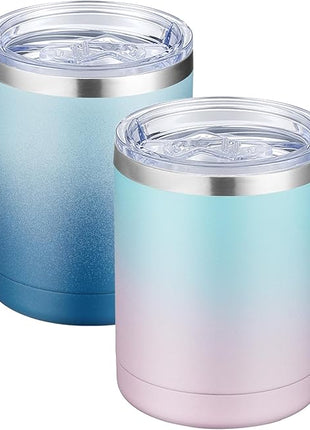 MEWAY 12oz Coffee Mug With Handle 2 Pack Bulk,Stainless Steel Insulated Travel Tumblers With Sliding Lid,Double Wall Vacuum Camping Cup for Hot & Cold Drinks Tea (Bubble Gum&Blue Waves,Set of 2)