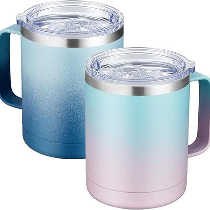 MEWAY 12oz Coffee Mug With Handle 2 Pack Bulk,Stainless Steel Insulated Travel Tumblers With Sliding Lid,Double Wall Vacuum Camping Cup for Hot & Cold Drinks Tea (Bubble Gum&Blue Waves,Set of 2)