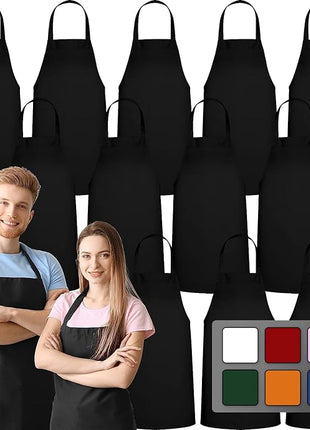 GREEN LIFESTYLE 12 Pack Bib Apron - Unisex Black Aprons, Machine Washable Aprons for Men and Women, Kitchen Cooking BBQ Bulk (Pack of 12, No Pockets, Black)