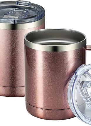 MEWAY 12oz Coffee Mug With Handle 2 Pack Bulk,Stainless Steel Insulated Travel Tumblers With Sliding Lid,Double Wall Vacuum Camping Cup for Hot & Cold Drinks Tea (Rose Gold,Set of 2)