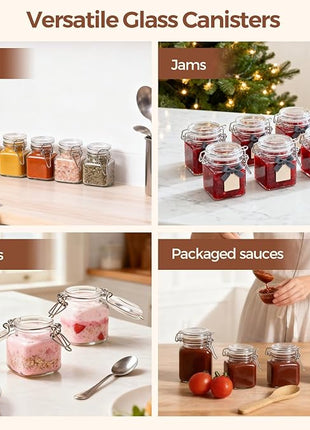 ComSaf 4 oz Glass Jars with Lid, Set of 12 Mini Airtight Glass Jars, Spice Jars, Small Mason Jar, Canning Jar Square with Seal Wire Clip Fastening, Labels & Funnels for Jam, Honey, Kitchen, Wedding