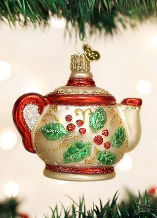 Old World Christmas Ornaments: Coffee and Tea Gifts Glass Blown Ornaments for Christmas Tree, Holly Teapot 3 X 3.25 X 2.25