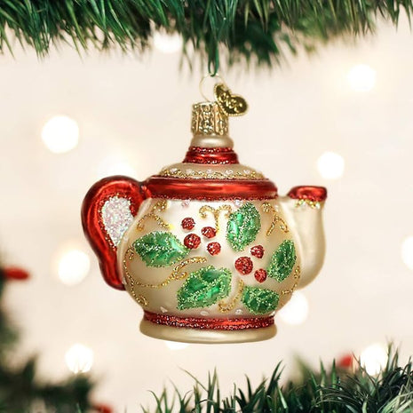 Old World Christmas Ornaments: Coffee and Tea Gifts Glass Blown Ornaments for Christmas Tree, Holly Teapot 3 X 3.25 X 2.25