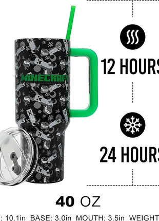Bioworld Minecraft Creeper & TNT 40 Oz Black Stainless Steel Tumbler With Handle